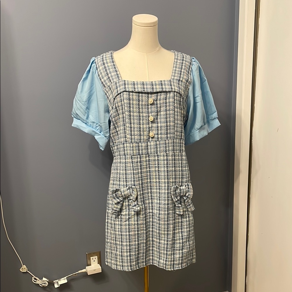 🆕 Blue Plaid Dress with Puff Sleeves